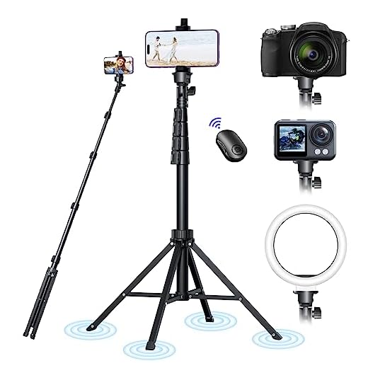 Ambertronix 62" Tripod for iPhone, Selfie Stick Phone Tripod Professional Stable 4 Leg Quadrapod Design, Bluetooth Remote, 100% All Aluminum Stick & Legs, Lightweight, Portable All in One