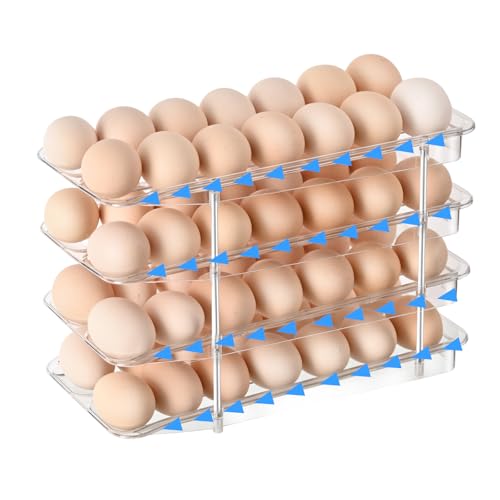 STORICANS Egg Holder 4 Tier Clear Organizer with Auto-Roll Design Adjustable Height Egg Storage Container Holds Up to 56 Eggs for Refrigerator Kitchen Cabinet