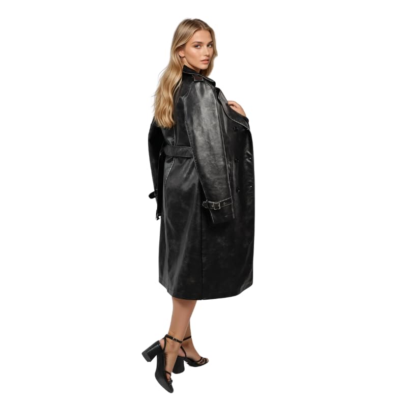 Trench en cuir noir coupe droite classique intemporelle en tailles S et L