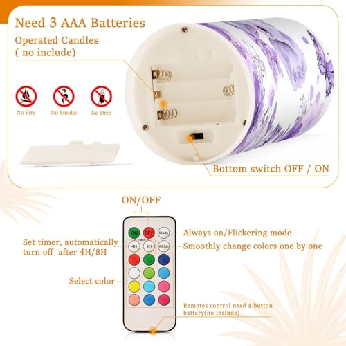 Image of Purple Elephant Butterfly Flower Flickering Flameless Candles LED Battery Operated with Remote Timer Pillar Candles for Home Birthday Wedding Christmas Decor, Set of 2