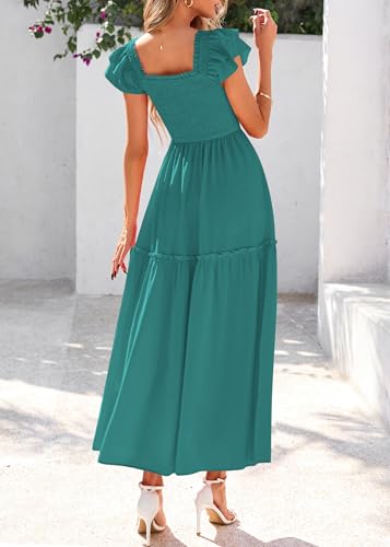 Image of KIRUNDO Smocked Summer Midi Dresses for Women 2026 | Flowy Long Dress, Ruffle Short Sleeve, Square Neck, Pocketed, Sundress for Casual, Church, Wedding Guest, Baby Shower