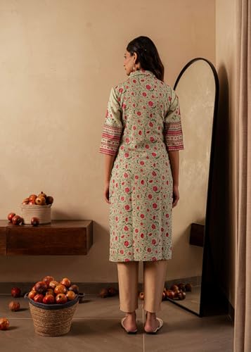 Image of Juniper Sage Green Floral Printed Viscose Kurta with Button Detailing
