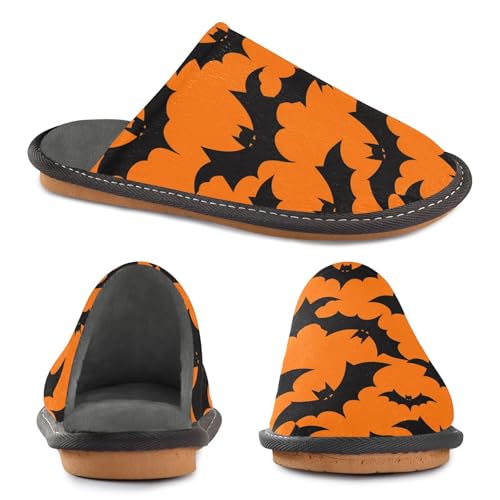 JUNZAN Halloween Bats Memory Foam Slippers for Women Men House Slippers for Bedroom Indoor Orange3