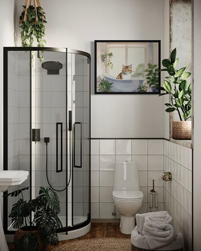 Image of Cat Black Framed Wall Art Poster Print, Animal Bathtub Restroom Wall Art Painting for Bathroom Decor Gallery Gallery 30 (Cat, 14 inch L x 11 inch W, Black Frame)