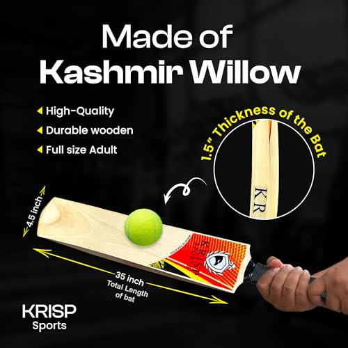 Cricket Bat Kashmir Willow Wooden Handmade Adult Full Size Cane Handle Cricket Bat for Soft Tennis Tape Ball Tournament Practice Indoor Outdoor Cricket Match by Krisp Sports - Image 4