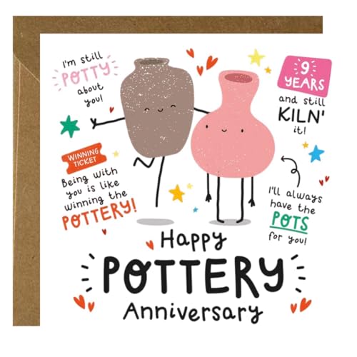 Funny 9th Wedding Anniversary Card with Envelope Funny Happy Pottery Anniversary Gifts for Couples Husband Wife Partner Unique 9 Years Pottery Design