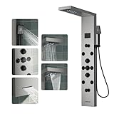 5 In 1 Shower Panel Tower System, 304 Stainless Steel LED Rainfall Shower Head with 8 Massage Body Jets, 3 Functions Handheld Head and Tub Spout for Home Hotel Bathroom Lavatory, Brushed Nickel