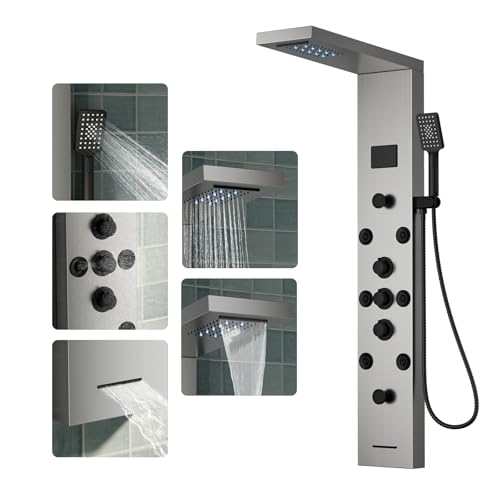 5 In 1 Shower Panel Tower System, 304 Stainless Steel LED Rainfall Shower Head with 8 Massage Body Jets, 3 Functions Handheld Head and Tub Spout for Home Hotel Bathroom Lavatory, Brushed Nickel