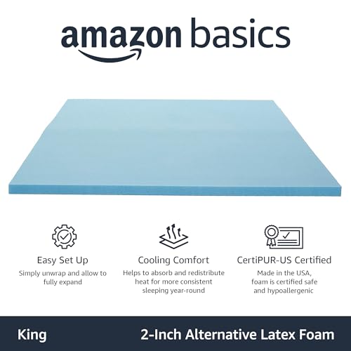 Image of Amazon Basics Alternative Latex King Size Mattress Topper, Cooling Gel-Infused, CertiPUR-US Certified, 2 Inches, Blue