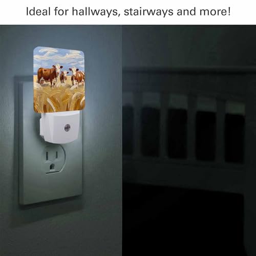 Image of LED Night Light,Yellow White Cow Watercolor Painting LED Night Light Plug into Wall with Dusk to Dawn Light Sensor White Energy Efficient Nightlight for Bedroom Hallway Living Room Kitchen