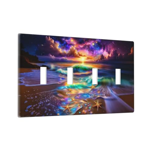 Decorative Switch Covers Plate Colorful Sunset Starfish Beach Shells 4 Gang Wall Plate Oversized Quad Toggle Light Switch Plate Jumbo Faceplate for Bathroom Bedroom Decor