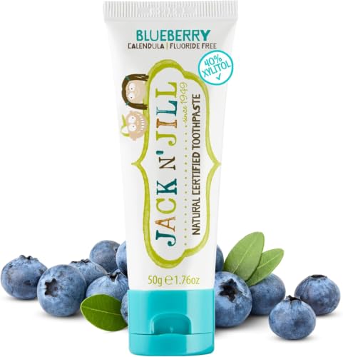 Jack N Jill Natural Certified Kids Toothpaste: Blueberry - Organic Fruit Flavoring 40% Xylitol Gluten Free Vegan Fluoride Free SLS Free Sugar-Free - 1.76 oz (Pack of 1)