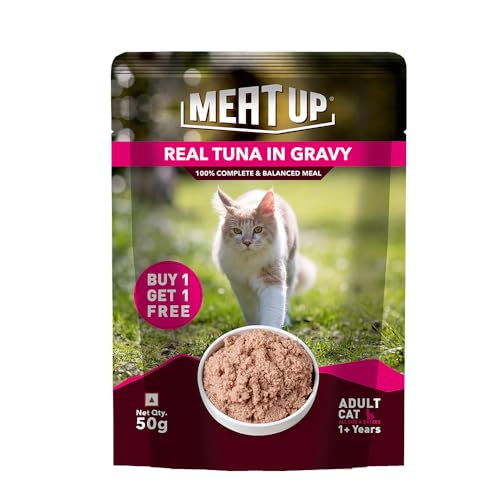 Image of Meat Up Adult Cat Wet Food 16 Pouches x 50g, Total 800g | Real Tuna in Gravy | Supports Heart & Vision Health | Strong Bones & Teeth | Natural Flavours | Organic Minerals & Vitamins
