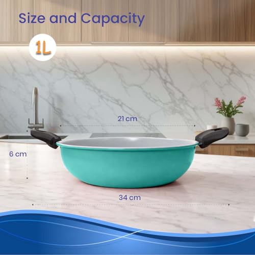 Image of DOZY Elite Premium Non-Stick Deep Kadhai with Cool-Touch Handles, Aqua, 28 cm,1L Capacity, Gas and Induction Compatible