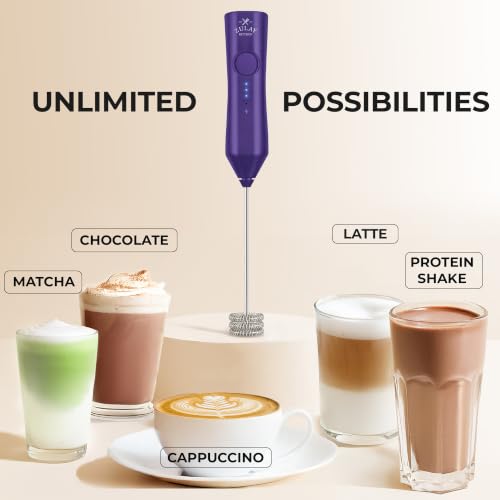 Image of Zulay Kitchen Rechargeable Milk Frother Handheld - Frother Wand, Drink Mixer, Electric Whisk Frother, for Cappuccinos, Matcha & Protein Powder - Dynamic Triple Whisk, 3 Speed 500mAh Purple