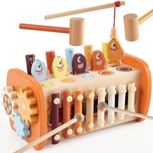 HYAKIDS Montessori Jouets en Bois, 6 en 1 Enfants Banc à Marteler, Jeu Marteau Pêche, Xylophone, Jouet Educatif Précoce pour 18+ Mois Garçons Filles