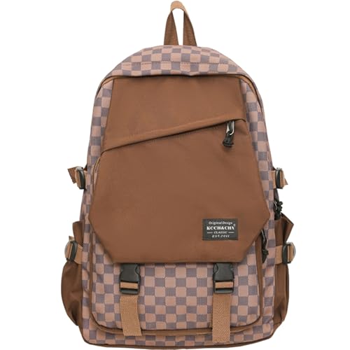 Teclado Fashion Backpack Checkered Casual Bookbags Lightweight Laptop Bag Outing Travel Daypacks (Brown)
