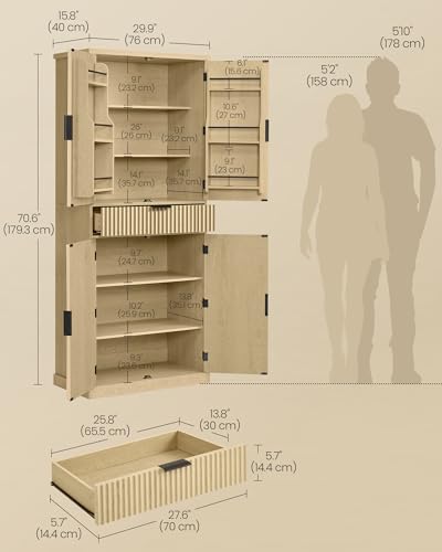 Image of VASAGLE MAXE Collection - Pantry Cabinet, 70.6-Inch Tall Storage Cabinet with Drawer, 6 Adjustable Shelves, 2 Cabinets, Fluted Doors, Mid Century Modern, for Kitchen Living Room, Oak Beige UBBK365Y01