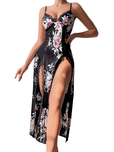 Image of CRIPOM Silk Lingerie Dress for Women Long Nightgowns for Women Sexy Chemise with Thong 2 Piece S-XXL