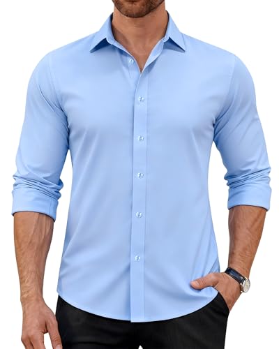 J.VER Mens Blue Shirt Long Sleeve Dress Formal 4-Way Stretch Non Iron Business Wedding Work Smart Casual Button Down Shirts XL