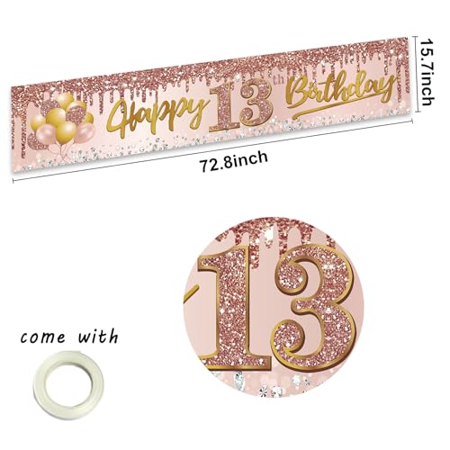 Image of Excelloon 13th Birthday Banner Decorations for Girls, Pink Rose Gold Happy 13 Birthday Yard Banner Party Supplies, 13 Year Old Teenager Bday Background Sign for Outdoor Indoor