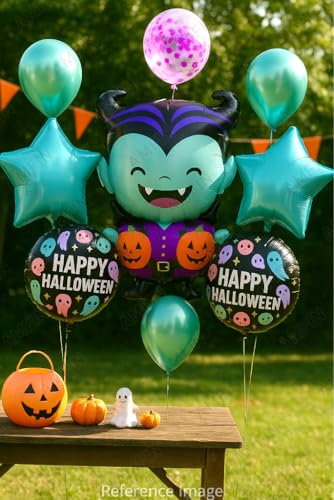Image of AMFIN (Pack of 11) Halloween Balloon Decoration Set - Cartoon Vampire Foil Balloon, 2 inchHappy Halloween inch Round Balloons, 2 Blue Star Balloons - Spooky Party Supplies for Kids & Adults