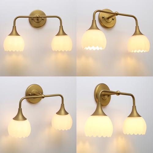 Image of Phansthy Bathroom Vanity Light Fixtures, Hardwired 2-Light Modern Sconces Wall Light Over Mirror with Clear Tulip Glass Shade for Bedroom Living Room Hallway Kitchen (Antique Gold + White Shade)