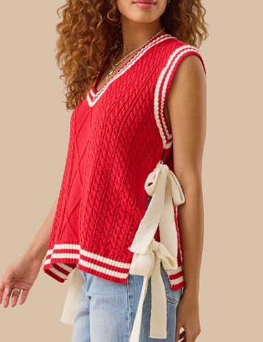 InterNos Women's Striped Cable Sweater Vest V Neck Sleeveless Casual Knit Pullover Top with Side Bow Ties2