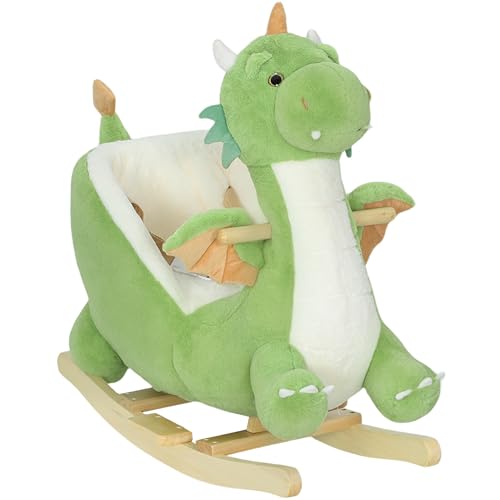 AIYAPLAY Caballito Balancín para Bebés con Sonido de Dragón, Caballo Balancín de Peluche con Base de Madera, Cinturón de Seguridad, para Niños de 18 36 Meses, Verde