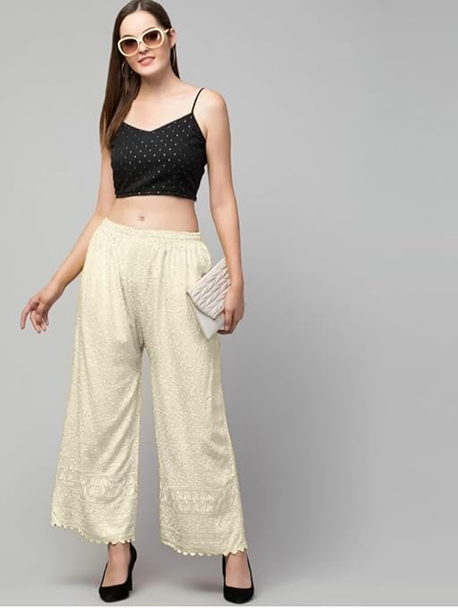 Image of Women's Palazzo Pants Rayon Trousers Chikankari Embroidered Lace Trim Wide Leg Straight Fit Flared Palazzo for Girls & Women