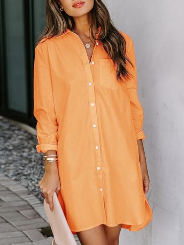 Image of Aoudery Womens Button Down Shirt Dresses with Pockets Cotton Button Up Tunics Long Sleeve Solid High Low Blouse Tops-Orange Yellow-L