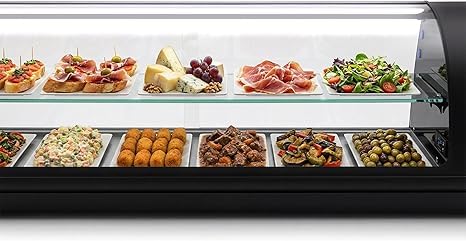Vitrina de tapas WORLDMAI x SAYL, 144 x 40 cm, 2 Pisos y 6 cubetas GN 1/3 para hostelería. Vitrina expositora refrigerada profesional de sobremesa con iluminación LED, para bar y restaurante.