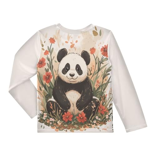 Panda Flowers Beige Boy's Rash Guard Swim Shirt Long Sleeve Sun Shirt for Swimming Pool Beach UPF50+2