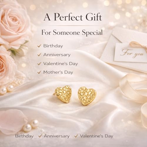 Image of 18K Gold Plated Rough Textured Heart Shape Nugget Stud Gold Earrings For Men /Women Unisex Hypoallergenic Jewelry