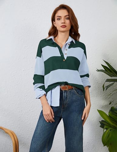 Image of Womens Striped Sweater Rugby Polo Shirts Y2k Collar Pullover Tops | Rugby Shirt,Long Sleeve Knit Top,Lapel V Neck Jumper,Oversized,Casual Outings Streetwear,Preppy Sweater,Fall Winter Clothes