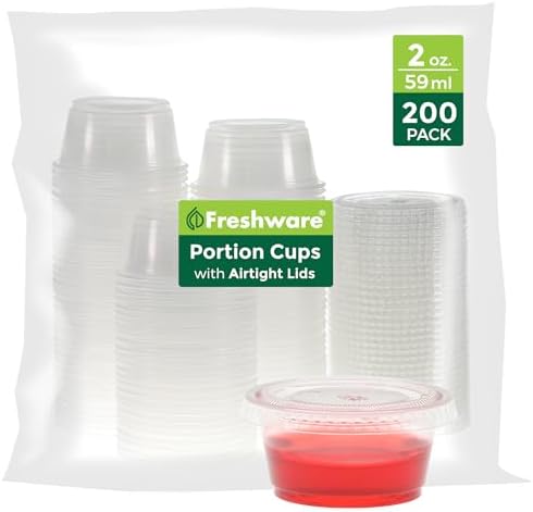 Freshware Plastic Portion Cups with Lids [2 Ounce, 200 Sets] Disposable Plastic Cups for Meal Prep, Salad Dressing, Jellos Shot Cups, Souffle Cups, Condiment and Dipping Sauce Cups