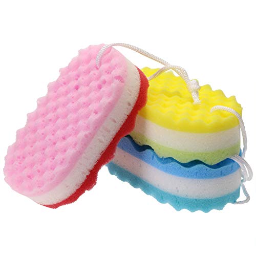 Tupalizy 3PCS Assorted Colors Soft Bath Sponge Body Scrubber for Bathing Exfoliating Shower Sponge for Women Men Kids Family Cleaning Scrubbing Washing Foam Sponge Large with Robe for Hanging Bathroom