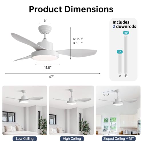 Image of Sofucor 47 Inch Ceiling Fan with Lights Flush Mount Modern Outdoor Ceiling Fans with Remote Control, 3CCT Dimmable 6 Speeds Quiet DC Motor & Timer for Patio Bedroom Living Room