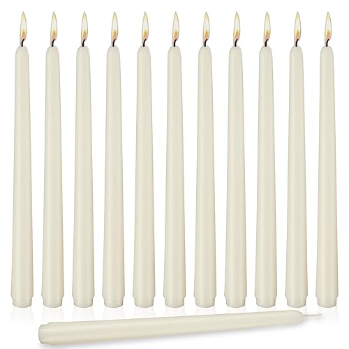 Ivory Taper Candles, Set of 12 Unscented and Smokeless 10 Inch Taper Candles Long Burning, Premium Wax with Cotton Wicks for Burning Approxinately 8 Hours Time