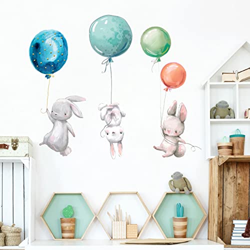 Deggodech Wandtattoo Tiere mit Luftballons, DIY Hase Wandaufkleber Wandbild Kinder Wandsticker für Babyzimmer Mädchenzimmer Kinderzimmer Schlafzimmer Wohnzimmer Wanddeko (Hase) Cover