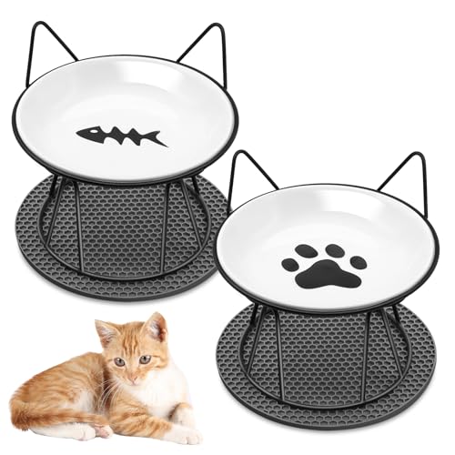Avmvnvc Gamelle surélevée pour chat en céramique - 2 pièces - Antidérapante - Avec support en métal et support en silicone - Gamelle pour chat et petit chien