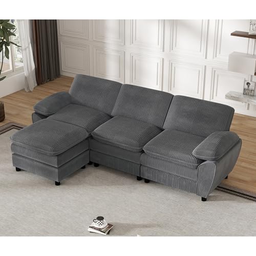 Modulares 3er-Kombinationssofa mit abnehmbarem Ottoman in Premium Velours – Elegantes L-Sofa für Wohnzimmer, perfekte Ergonomie & einfache Montage (258cm, Grau)