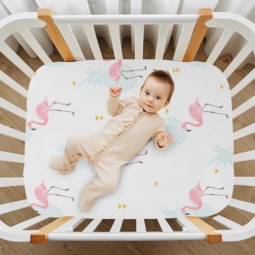 Image of CaTaKu Baby Crib Sheets Cute Pineapple Flamingo Hawaii Mini Crib Sheets Fitted for Girls Boys,Neutral Soft Toddler Mattress Bed Sheets for Crib,27 inchx 39 inch