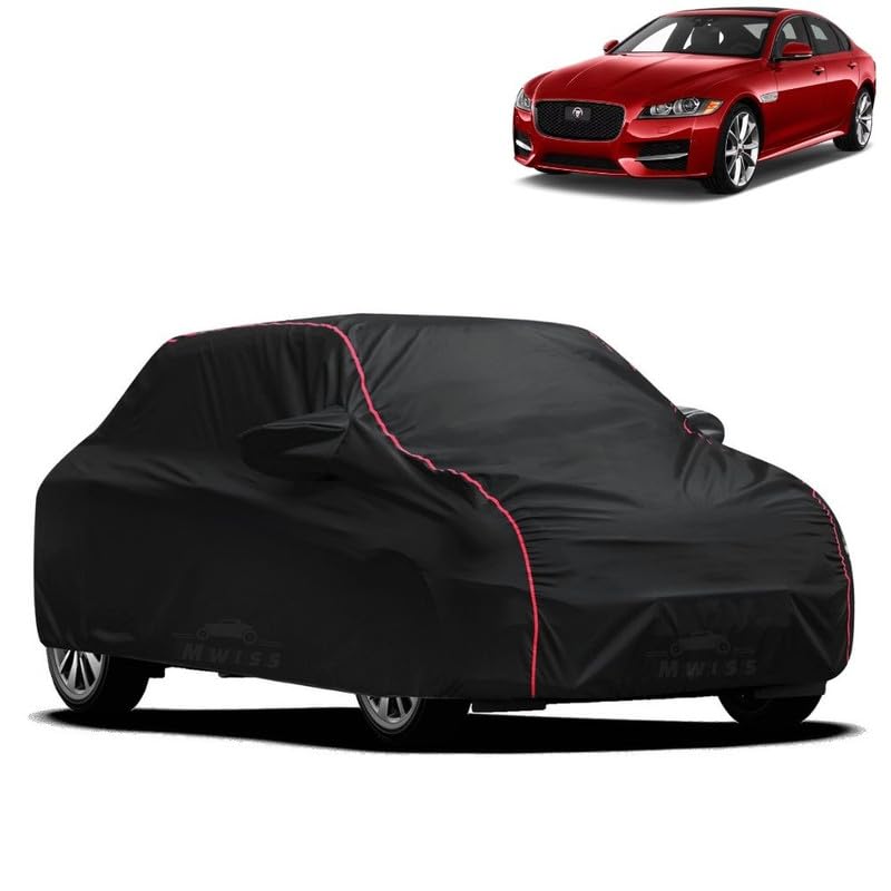 Image of Waterproof Car Cover for Jaguar XF | All-Weather Protection, Dustproof & UV Resistant | Triple Stitched Mirror Pockets, Windproof Buckle Strap with Elastic Hem, Black-Red Piping