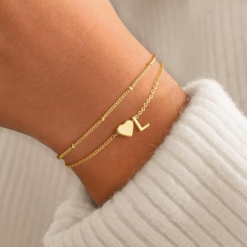 Image of M MOOHAM Easter Gifts for Kids Teens Girls - 14K-Gold-Plated Heart Initial A-Z Bracelets for Women Girl Dainty Gold Bracelets Birthday Easter Basket Stuffers Gifts for Women Teenage Girls Kids Teens