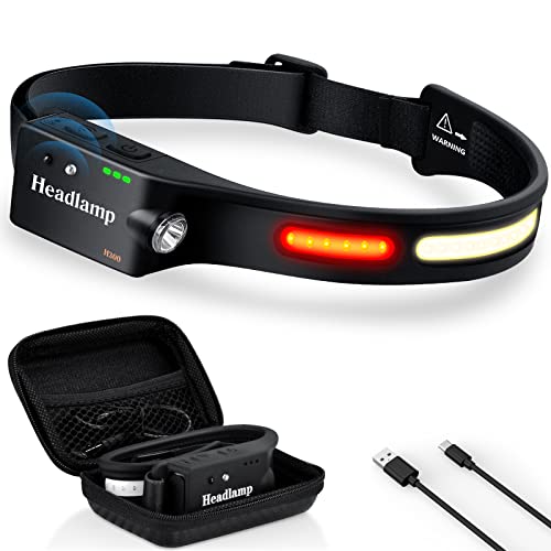 LED Stirnlampe, Kopflampe Taschenlampe mit 3 COB/ 350 Lumen/ 230° Weitstrahl/ Bewegungssensor/ 5 Lichtmodi/ Type C Wiederaufladbar, Wasserdicht Stirnlampe für Camping Wandern Laufen Angeln Cover