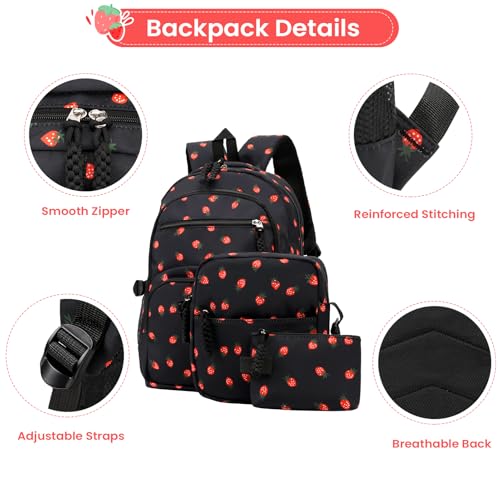 Image of Coquette Strawberry Backpack - Cute Kawaii Backpack Set Aesthetic Daypack Cute Rucksack (B02 Strawberry Black)