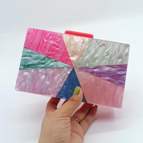Image of Acrylic Clutch Purse for Women Colorful Evening Handbag Geometric Marbling Box Bag with Detachable Chain