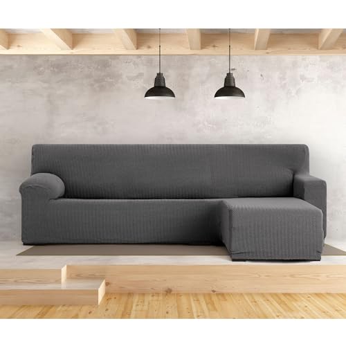 Housse de canapé chaiselongue extensible grise résolvant les plis du tissu