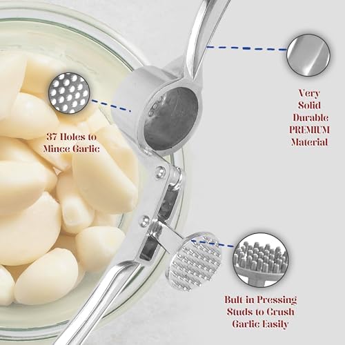 Image of Quick Garlic Press Crusher - Stainless Steel Garlic Mincer & Ginger and Garlic Crusher, Manual Curved Grinder with Garlic Peeler Tool & Chopper (Medium Size)